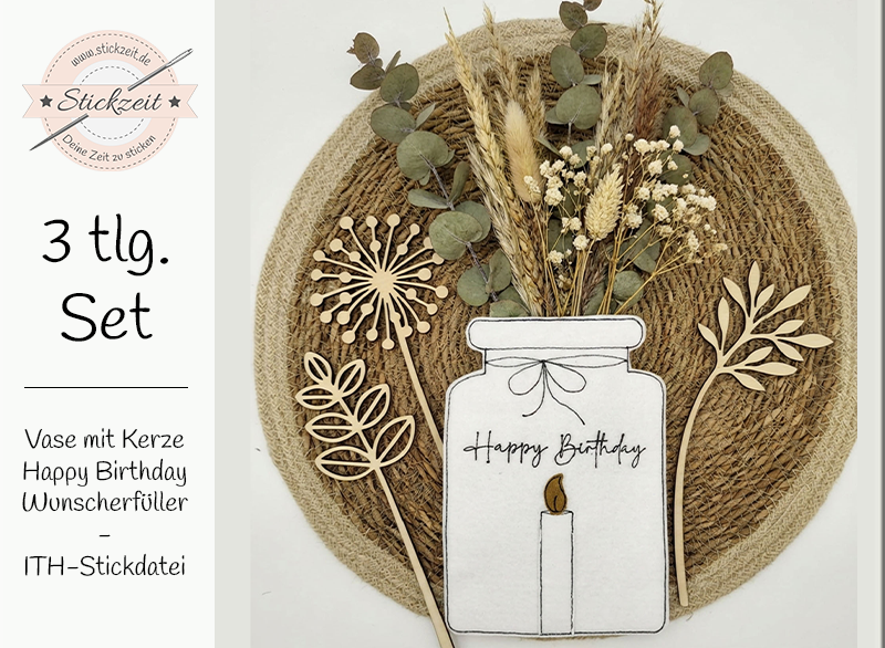 Vase mit Kerze Happy Birthday Wunscherfüller - ITH-Stickdatei